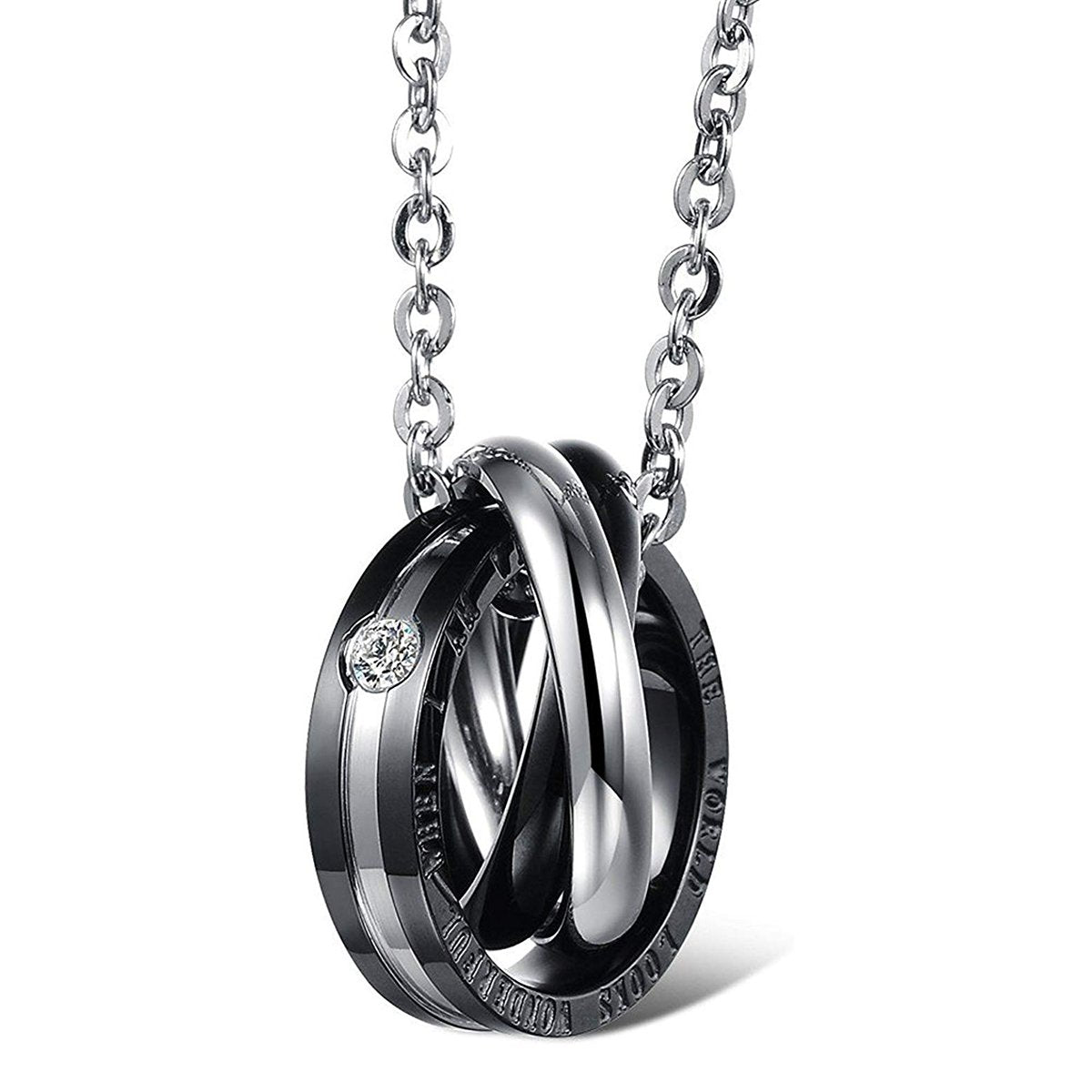 Couple Lovers Valentine Black Stainless Steel Ring Combo Pendant Chain