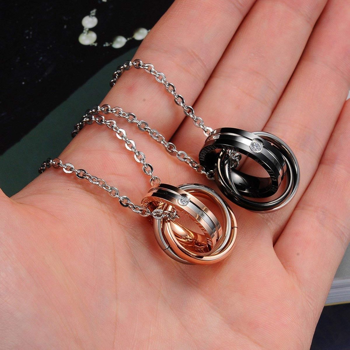 Couple Lovers Valentine Black Stainless Steel Ring Combo Pendant Chain