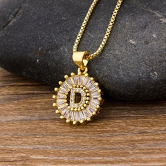 Gold Baguette Initial Alphabet Letter Pendant Chain