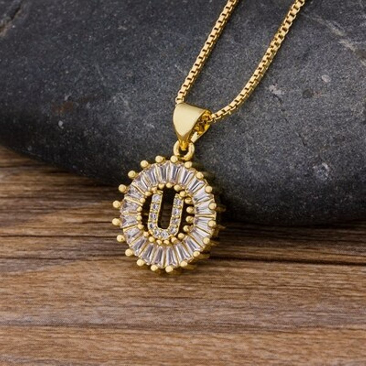 Initial Necklace, Letter N Diamond Pendant with 18k Yellow Gold Chain
