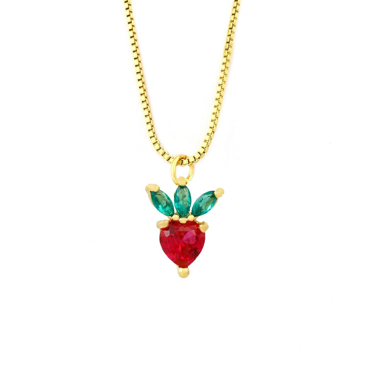 Strawberry Heart Fruit Red Green 18K Gold Pendant Chain Necklace Girls