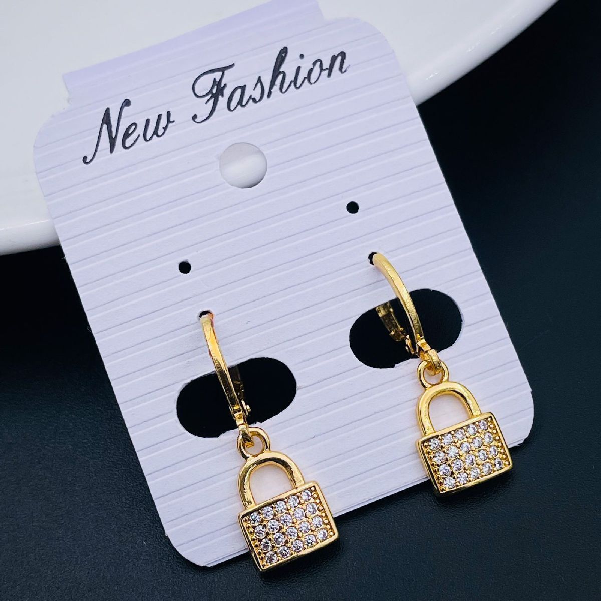 Lock 18K Gold Cubic Zirconia Brass Hoop Earring Pair For Women