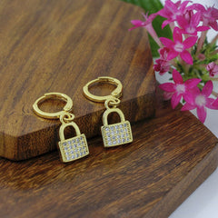 Lock 18K Gold Cubic Zirconia Brass Hoop Earring Pair For Women