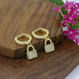 Copper Fancy Lock Cubic Zirconia Drop Earring Pair For Women Gold