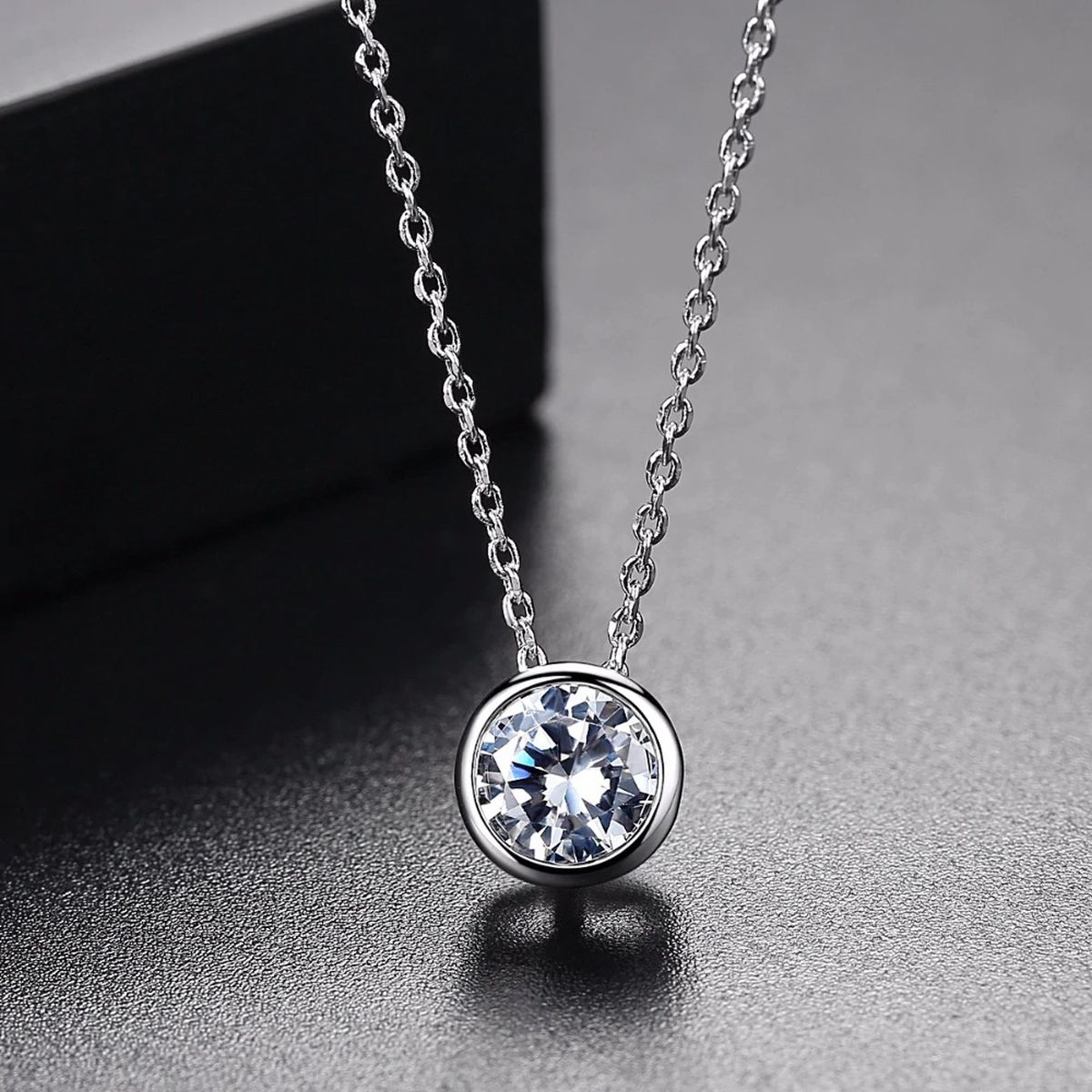 Solitaire American Diamond Silver Necklace Pendant Chain
