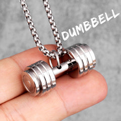 Silver Stainless Steel Dumbbell Barbell Weight Lifting Pendant Chain Men