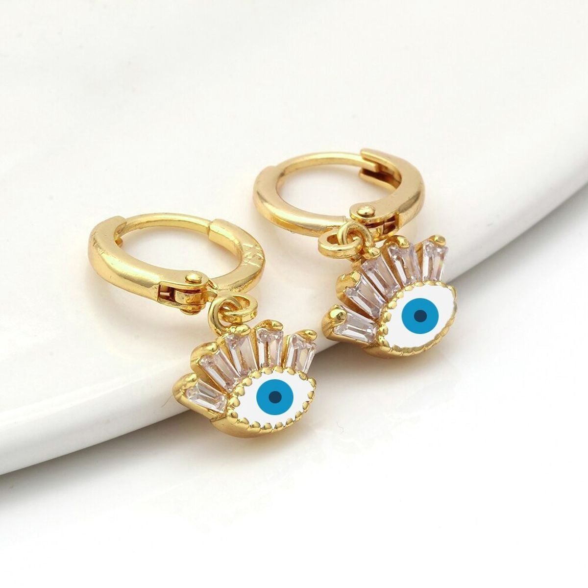 Evil Eye 18K Gold White Brass Hoop Earring Pair For Women