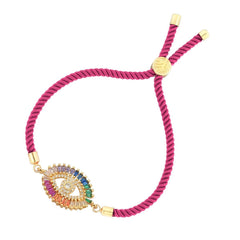 Rainbow Turkish Evil Eye Baguette 18K Gold Pink Cz Thread Bracelet