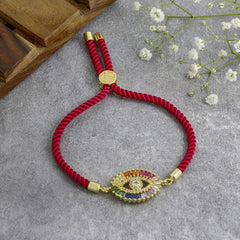 Rainbow Turkish Evil Eye Baguette 18K Gold Pink Cz Thread Bracelet