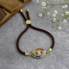 Rainbow Turkish Evil Eye Baguette 18K Gold Brown Cz Thread Bracelet