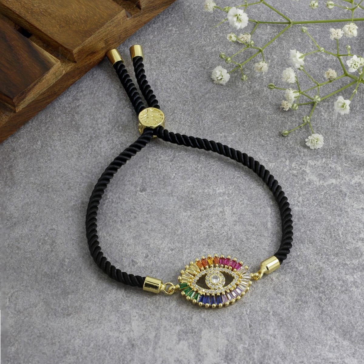 Rainbow Turkish Evil Eye Baguette 18K Gold Black Cz Thread Bracelet