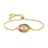 Rainbow Turkish Evil Eye Baguette Gold Cz Adjustable Slider Bracelet