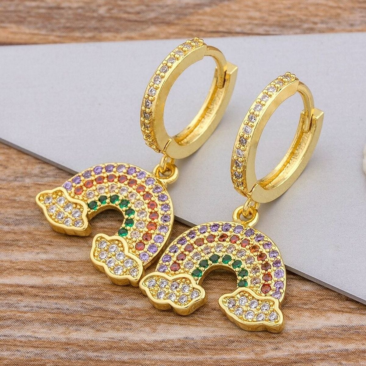 Rainbow 18K Gold Cubic Zirconia Brass Hoop Earring Pair For Women
