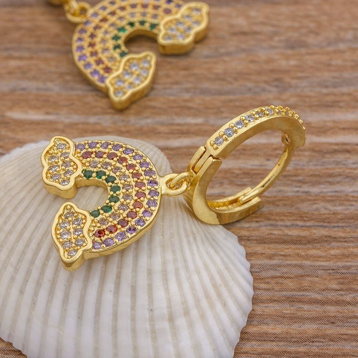 Rainbow 18K Gold Cubic Zirconia Brass Hoop Earring Pair For Women