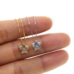 Star Bezel Set Dainty Solitaire Cubic Zirconia 18K Gold Pendant Necklace Chain For Women
