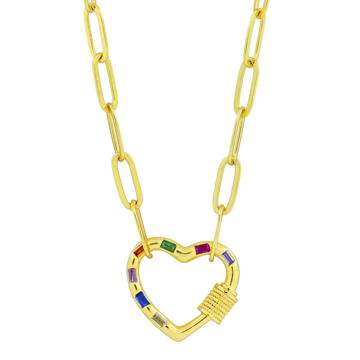 Love Heart Colorful Crystals Gold Links Chain Clasp Pendant Necklace