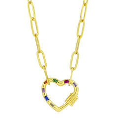 Love Heart Colorful Crystals Gold Links Chain Clasp Pendant Necklace