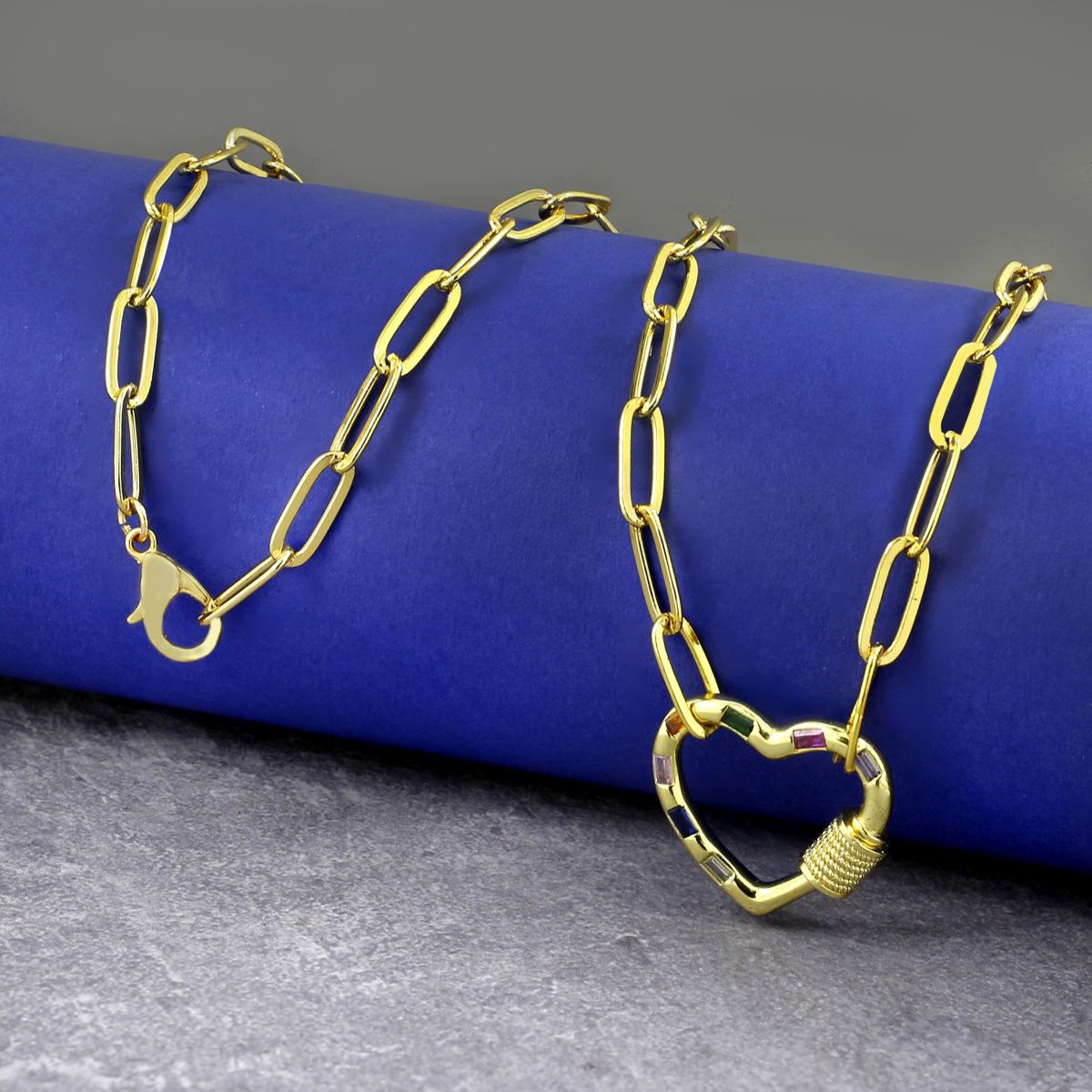 Love Heart Colorful Crystals Gold Links Chain Clasp Pendant Necklace
