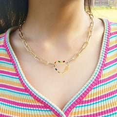 Love Heart Colorful Crystals Gold Links Chain Clasp Pendant Necklace