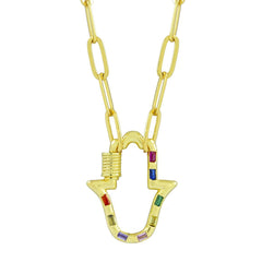 Multi Colour Hamsa Hand 18K Gold 17" Link Chain Clasp Pendant Necklace