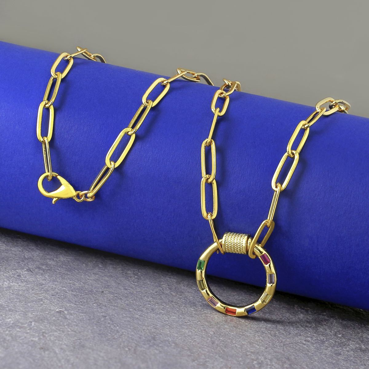 Multi Colour Round 18K Gold 17" Links Chain Clasp Pendant Necklace