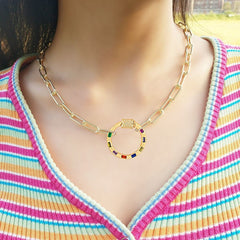 Multi Colour Round 18K Gold 17" Links Chain Clasp Pendant Necklace