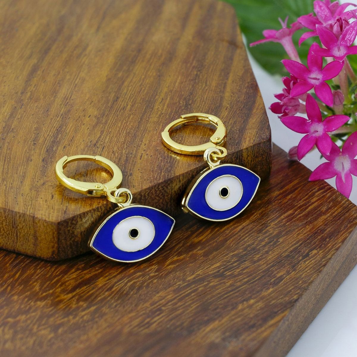 Evil Eye 18K Gold Blue Brass Hoop Earring Pair For Women