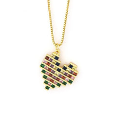 Rainbow Multi Colour Baguette Love Heart Pendant Necklace Chain