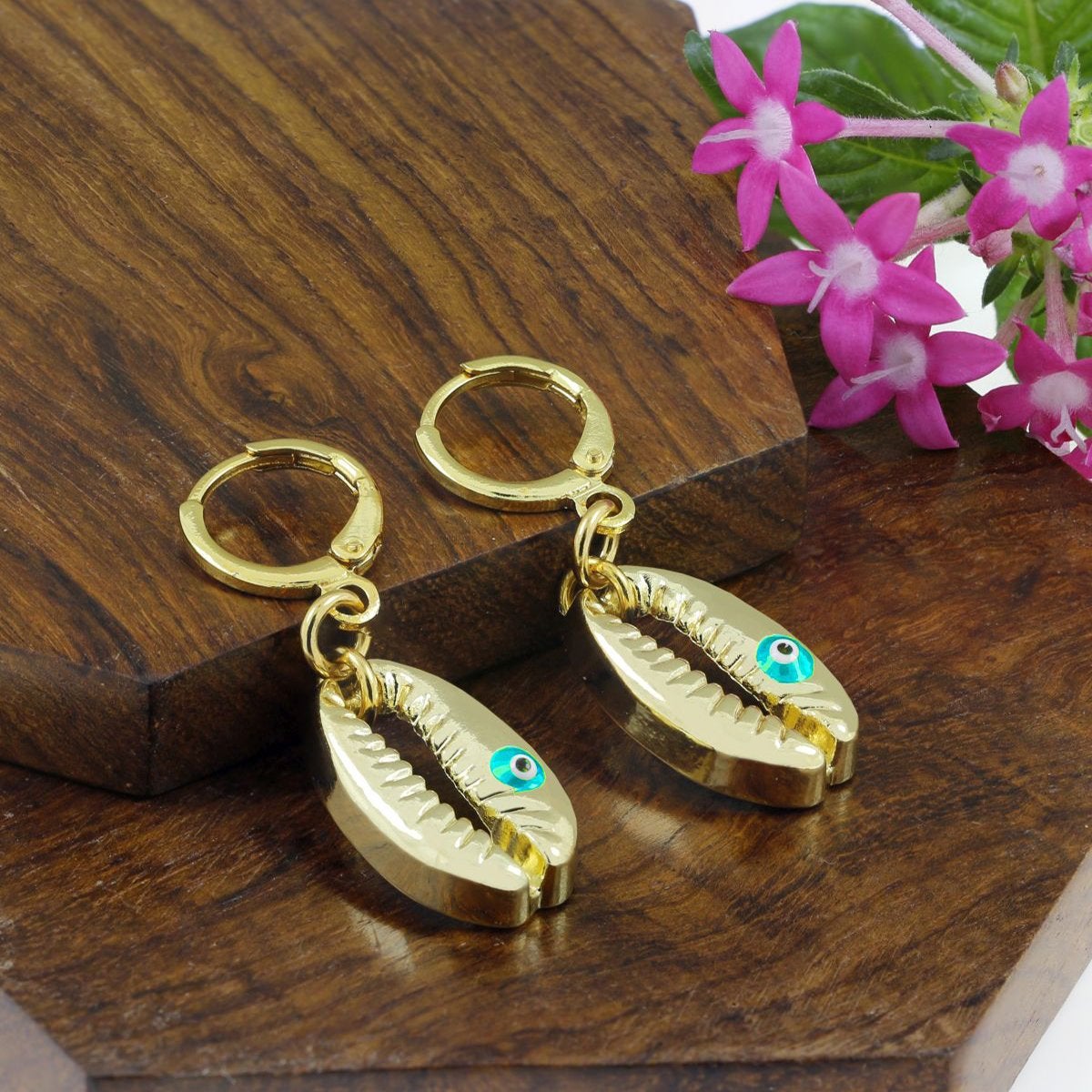 Evil Eye Green Gold Hoop Drop Earring For Women