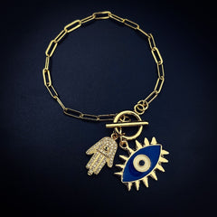 Copper Gold Blue Gold Evil Eye Hamsa Charms Chain Link Bracelet For Women Girls