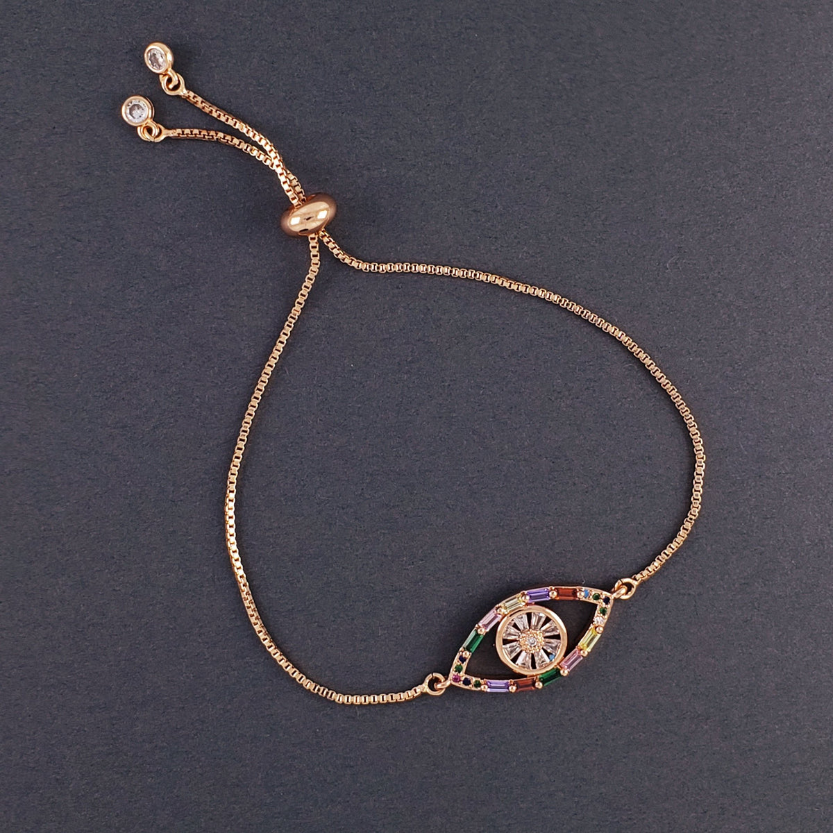 Rainbow Evil Eye Rose Gold Copper Slider Bracelet For Women