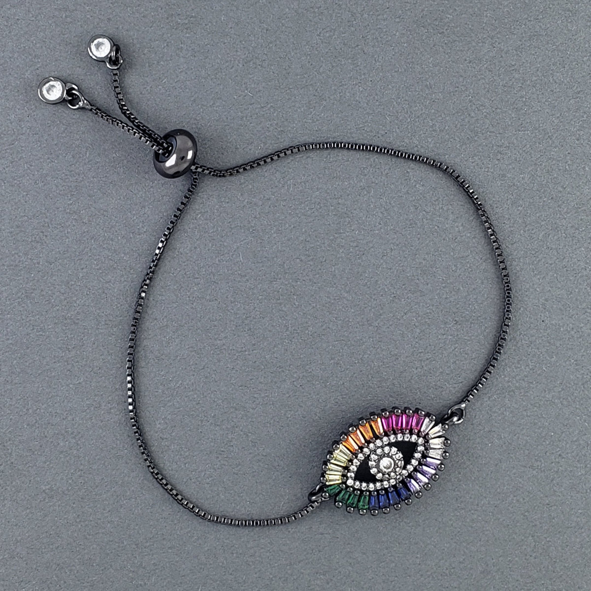 Rainbow Evil Eye American Diamonds Crystal Black Silver Slider Bracelet For Women