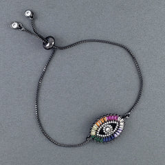 Rainbow Evil Eye American Diamonds Crystal Black Silver Slider Bracelet For Women
