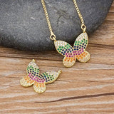 Rainbow Butterfly Gold Zircon Copper Necklace Pendant Chain For Women