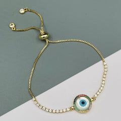 Copper Cubic Zirconia Multicolor Gold Evil Eye Bracelet For Women