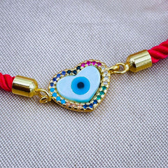 Rainbow Heart Evil eye Copper Gold Red Cubic Zirconia Mother of Pearl Thread Bracelet