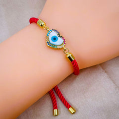 Rainbow Heart Evil eye Copper Gold Red Cubic Zirconia Mother of Pearl Thread Bracelet