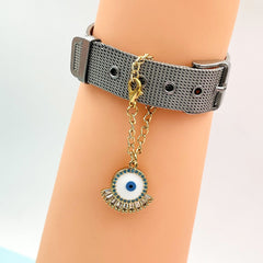 Copper Cubic Zirconia Crystal Eyelash Evil Eye Watch charm For Women White Blue Gold