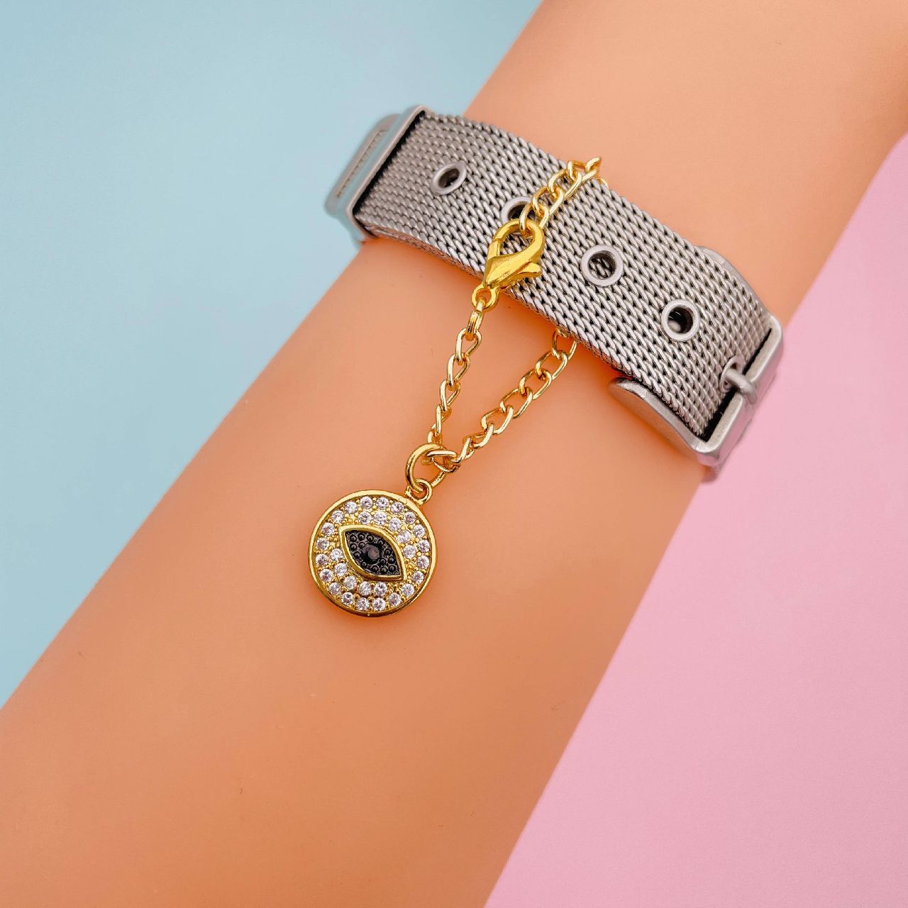 Copper Round Cubic Zirconia Evil Eye Watch charm For Women Gold