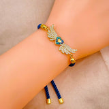 Angel Heart Copper Gold Blue Cubic Zirconia Thread Slider Bracelet Women