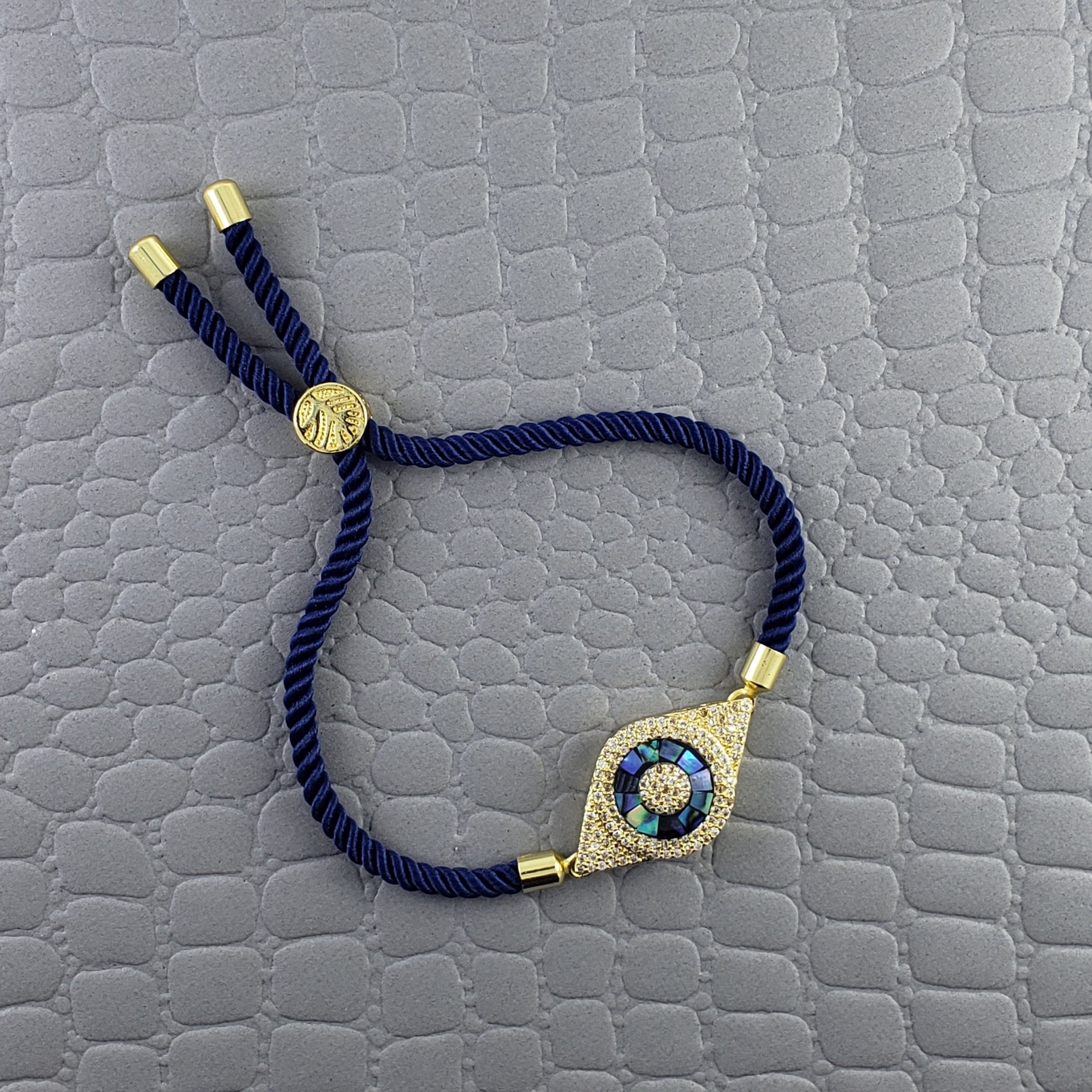 Evil Eye American Diamonds Gold Blue Copper Thread Slider Bracelet For Women