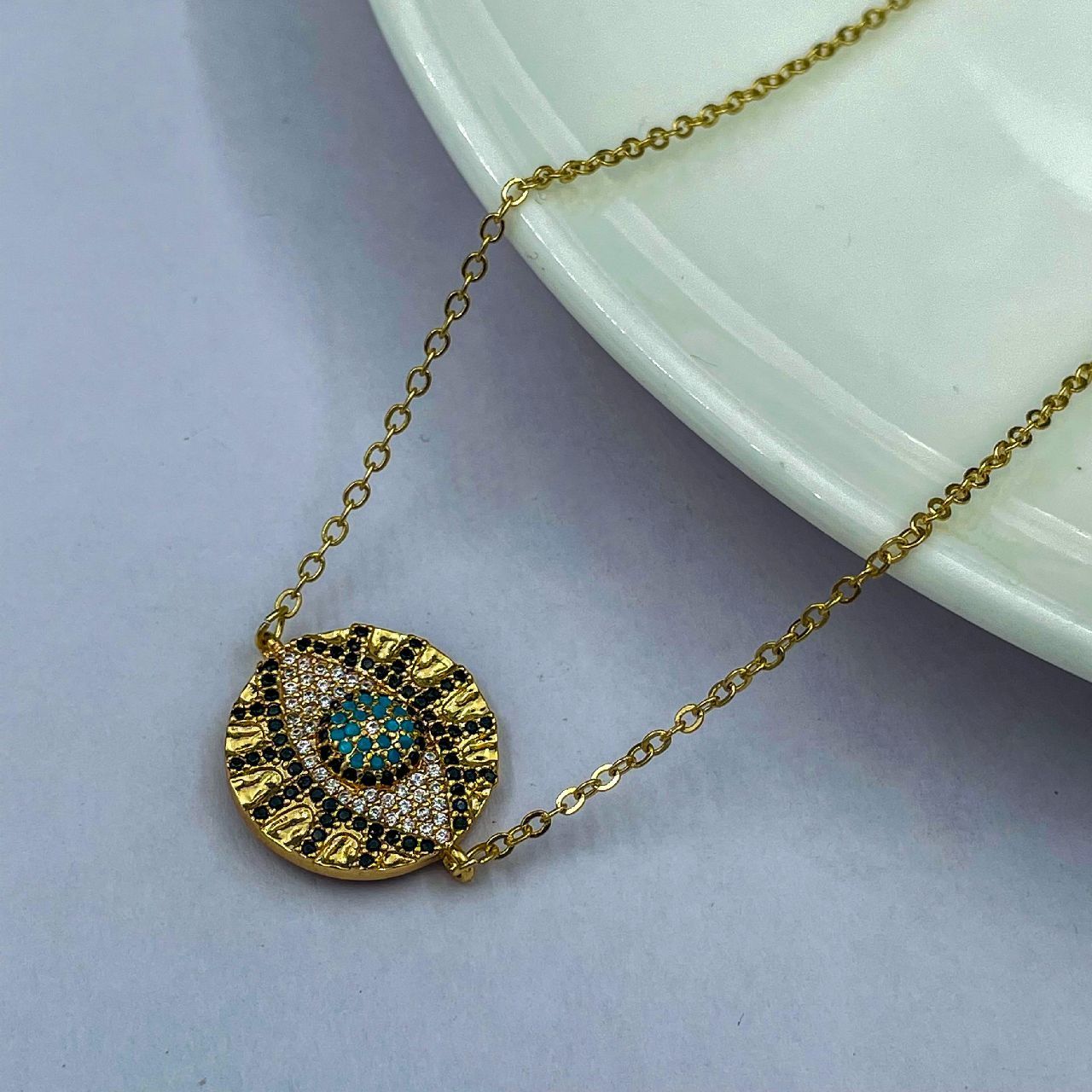 Diamond Evil Eye Necklace with Blue Sapphire - KAMARIA