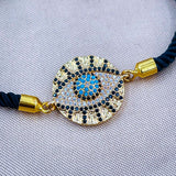 Medallion Evil Eye Copper Gold Black Cubic Zirconia Thread Bracelet Women