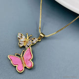 Brass Crystals Pink Gold Dual Butterfly Necklace Pendant Chain For Women Girls