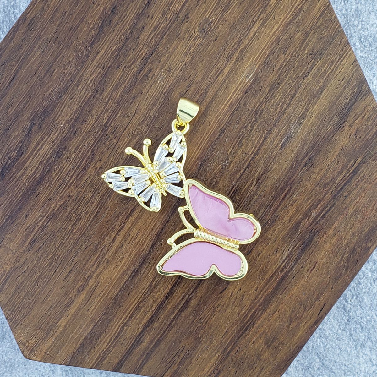Dual Butterfly Gold Pink Zircon Copper Charm For Women