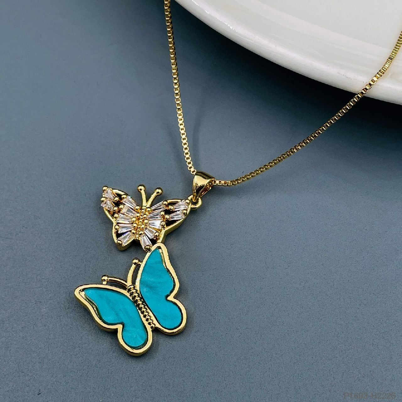 Brass Crystals Blue Gold Dual Butterfly Necklace Pendant Chain For Women Girls