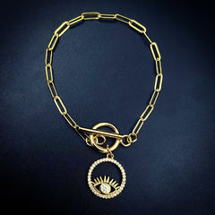 Copper American Diamonds Gold Evil Eye Charms Chain Link Bracelet For Women Girls