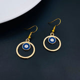 Round Evil Eye Blue Enamel Gold Drop Dangler Earring Pair For Women