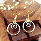 Round Evil Eye Black Enamel Gold Drop Dangler Earring Pair For Women
