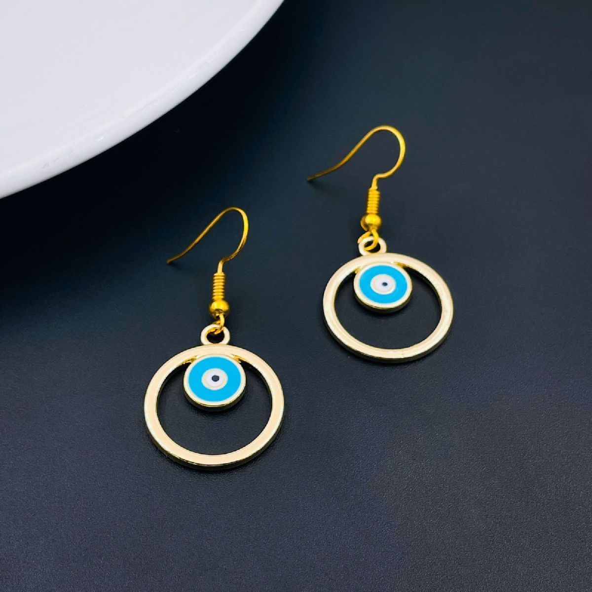 Round Evil Eye Light Blue Enamel Gold Drop Dangler Earring Pair For Women